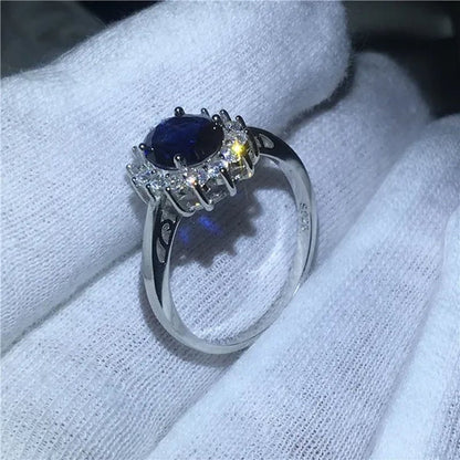 Royal Jewelry Princess Diana Soild silver color ring Sapphire cz diamond Engagement wedding band rings for women Bridal Size 5-11 Bague Femme