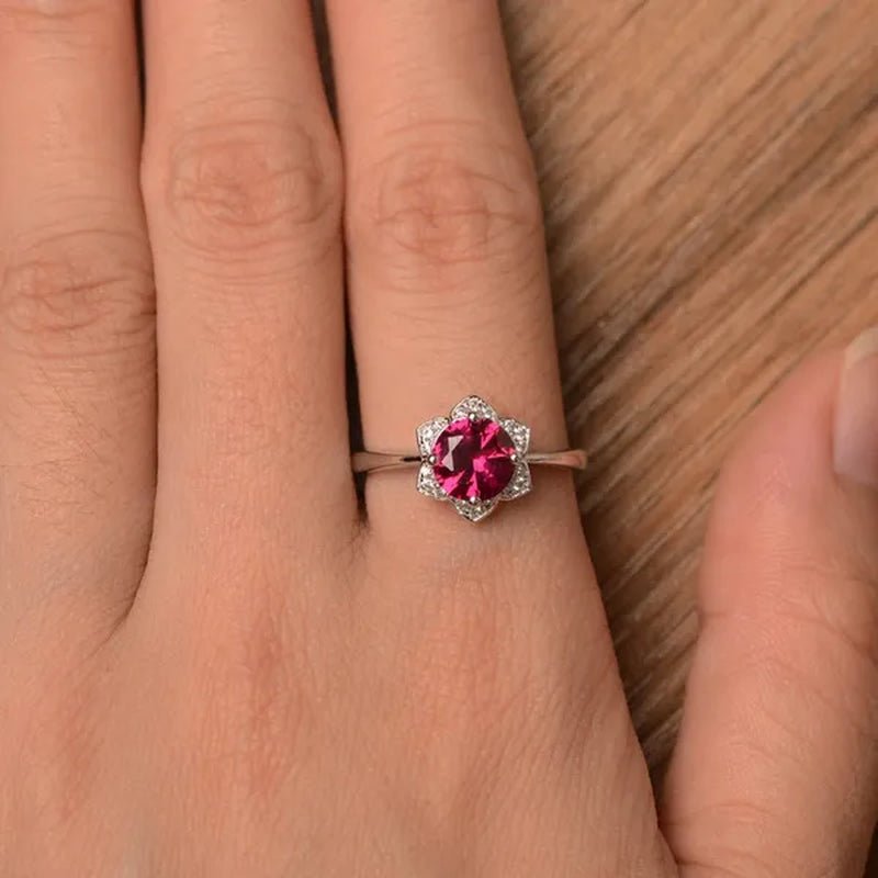 Ruby Ring Sterling Silver Wedding Engagement Ring Round Cut Red Gemstone Ring July Birthstone Sunflower Ring