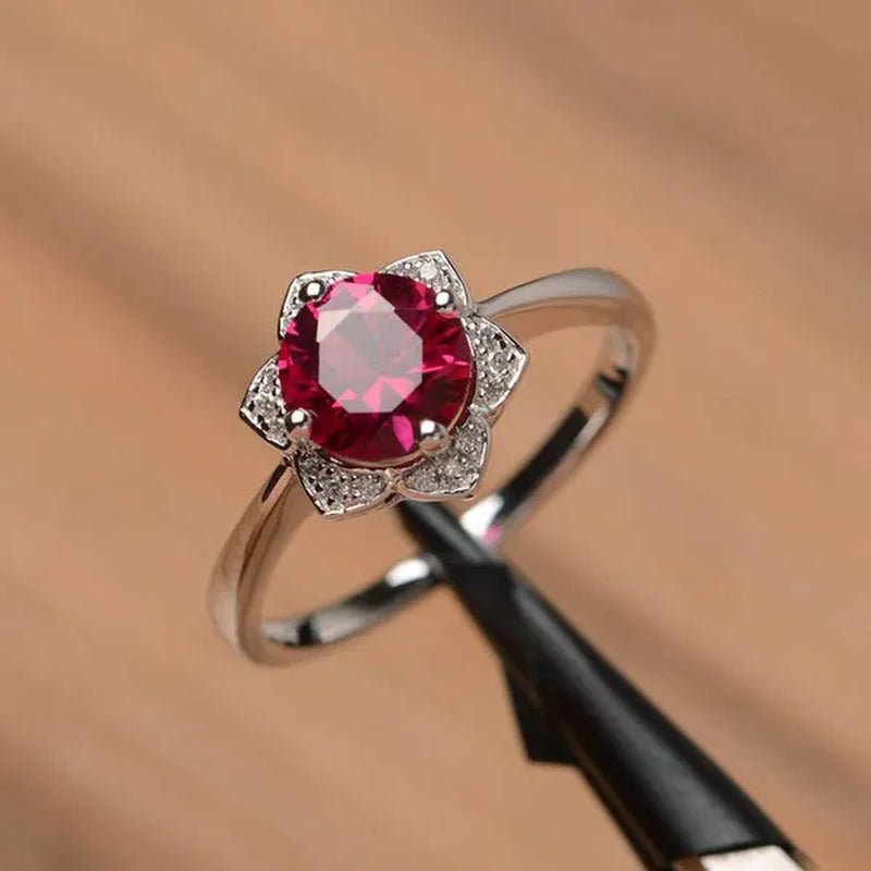 Ruby Ring Sterling Silver Wedding Engagement Ring Round Cut Red Gemstone Ring July Birthstone Sunflower Ring - WORLD TIME VISITS