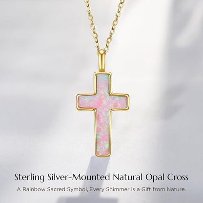 S925 Opal Cross Necklace for Women, Sterling Silver Opal Gemstone Womens Cross Necklaces, Cross Pendant with 5A Cubic Zirconia, Women'S October Birthstone Jewelry Gifts for Birthday, Anniversary, Christmas - WORLD TIME VISITS