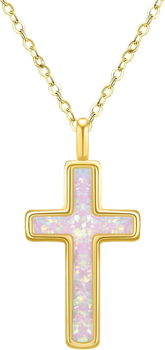 S925 Opal Cross Necklace for Women, Sterling Silver Opal Gemstone Womens Cross Necklaces, Cross Pendant with 5A Cubic Zirconia, Women'S October Birthstone Jewelry Gifts for Birthday, Anniversary, Christmas - WORLD TIME VISITS