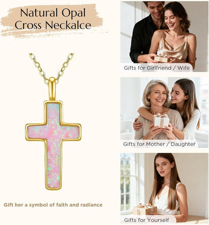 S925 Opal Cross Necklace for Women, Sterling Silver Opal Gemstone Womens Cross Necklaces, Cross Pendant with 5A Cubic Zirconia, Women'S October Birthstone Jewelry Gifts for Birthday, Anniversary, Christmas