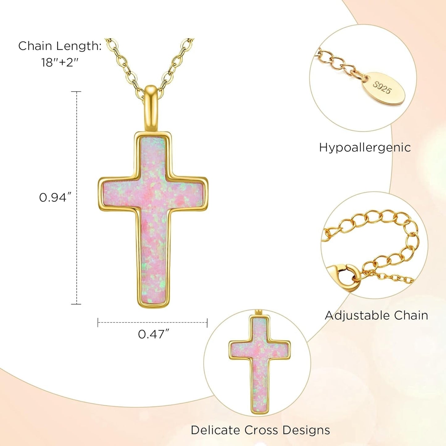 S925 Opal Cross Necklace for Women, Sterling Silver Opal Gemstone Womens Cross Necklaces, Cross Pendant with 5A Cubic Zirconia, Women'S October Birthstone Jewelry Gifts for Birthday, Anniversary, Christmas