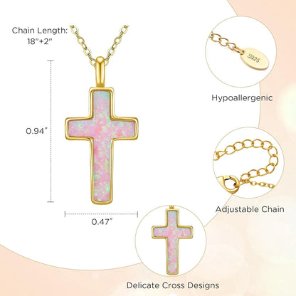 S925 Opal Cross Necklace for Women, Sterling Silver Opal Gemstone Womens Cross Necklaces, Cross Pendant with 5A Cubic Zirconia, Women'S October Birthstone Jewelry Gifts for Birthday, Anniversary, Christmas