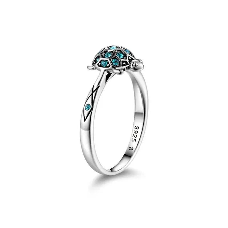 S925 Sterling Silver Lovely Turtle Sky Blue Clear Crystal Ring for Women's Jewelry Best Gift for
