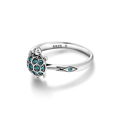 S925 Sterling Silver Lovely Turtle Sky Blue Clear Crystal Ring for Women's Jewelry Best Gift for