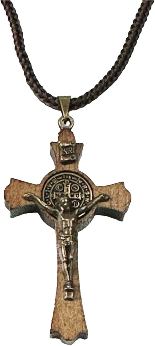 Saint Benedict Medal Wood Crucifix Cord Necklace for Men & Women – Handcrafted Religious Pendant, Healing, Travel Protection, Perfect for Gifting on Special Occasions, Made in Brazil - WORLD TIME VISITS