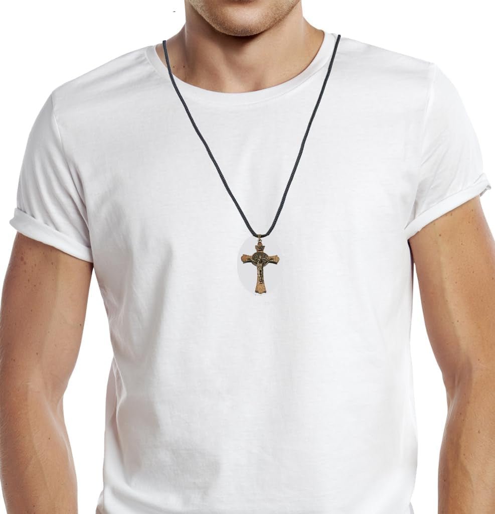 Saint Benedict Medal Wood Crucifix Cord Necklace for Men & Women – Handcrafted Religious Pendant, Healing, Travel Protection, Perfect for Gifting on Special Occasions, Made in Brazil - WORLD TIME VISITS