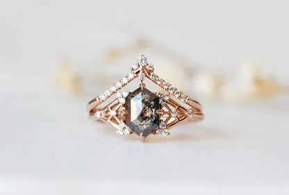 Salt and Pepper Diamond Engagement Ring Hexagon Diamond Engagement Ring Bridal Ring Alternative Ring - WORLD TIME VISITS