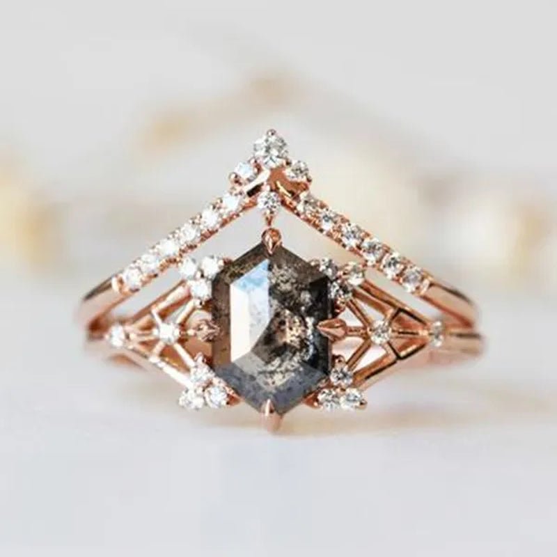 Salt and Pepper Diamond Engagement Ring Hexagon Diamond Engagement Ring Bridal Ring Alternative Ring - WORLD TIME VISITS