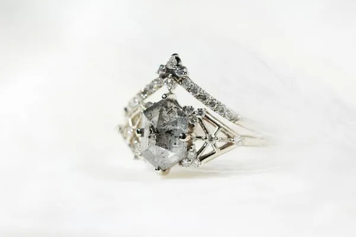 Salt and Pepper Diamond Engagement Ring Hexagon Diamond Engagement Ring Bridal Ring Alternative Ring
