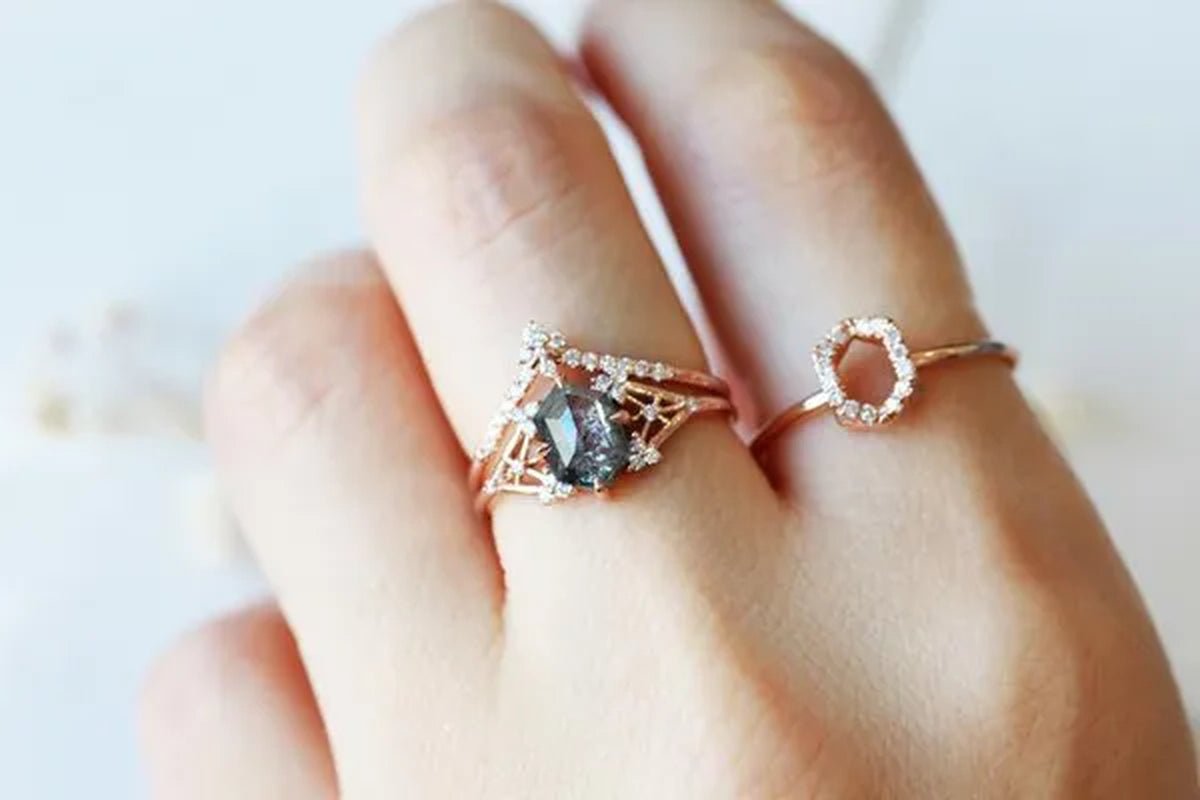 Salt and Pepper Diamond Engagement Ring Hexagon Diamond Engagement Ring Bridal Ring Alternative Ring