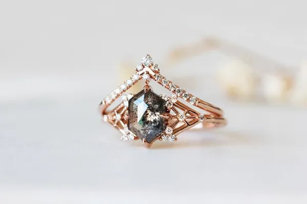Salt and Pepper Diamond Engagement Ring Hexagon Diamond Engagement Ring Bridal Ring Alternative Ring