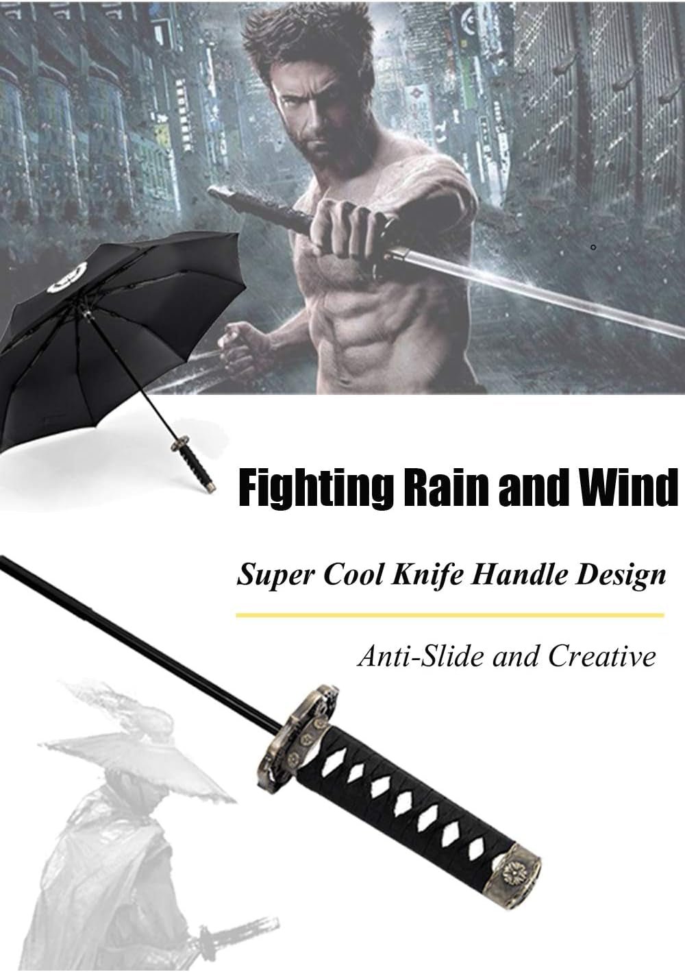 Samurai Katana Master Sword Hilt Handle Folding Umbrella Anime Portable Travel Japanese Ninja Compact Umbrellas Windproof, Black Glue anti UV, Business Birthday Gift for Men