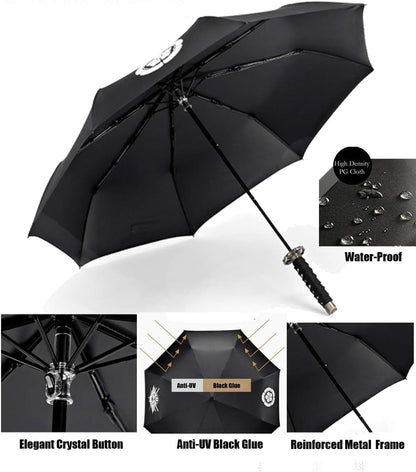 Samurai Katana Master Sword Hilt Handle Folding Umbrella Anime Portable Travel Japanese Ninja Compact Umbrellas Windproof, Black Glue anti UV, Business Birthday Gift for Men