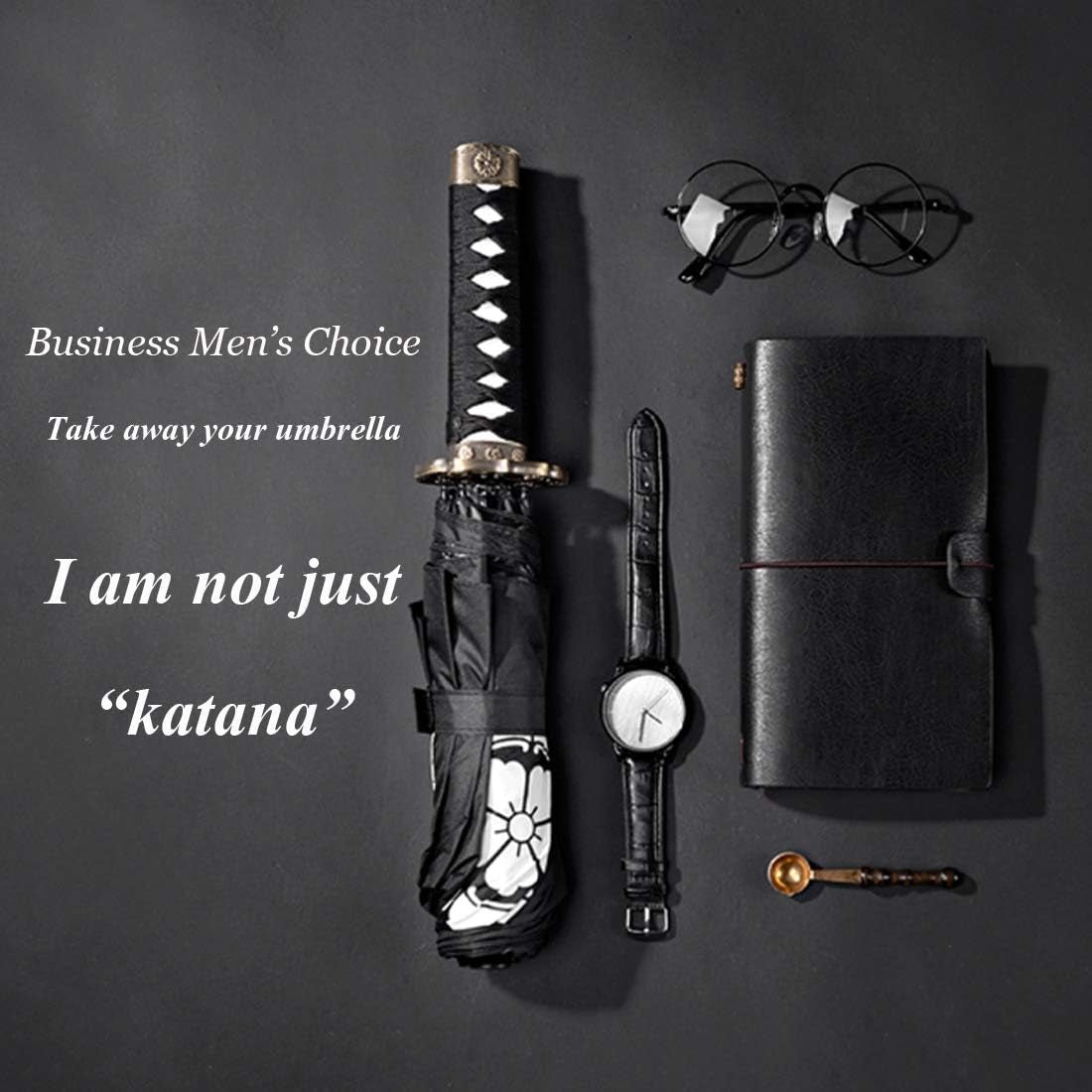 Samurai Katana Master Sword Hilt Handle Folding Umbrella Anime Portable Travel Japanese Ninja Compact Umbrellas Windproof, Black Glue anti UV, Business Birthday Gift for Men