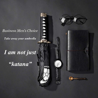 Samurai Katana Master Sword Hilt Handle Folding Umbrella Anime Portable Travel Japanese Ninja Compact Umbrellas Windproof, Black Glue anti UV, Business Birthday Gift for Men