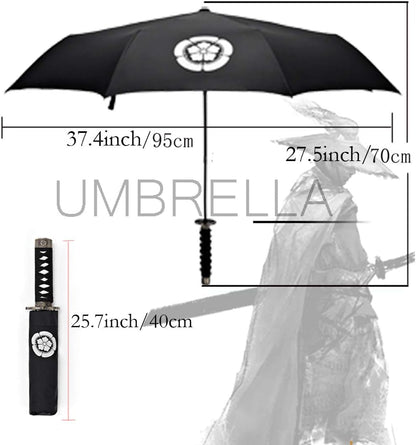 Samurai Katana Master Sword Hilt Handle Folding Umbrella Anime Portable Travel Japanese Ninja Compact Umbrellas Windproof, Black Glue anti UV, Business Birthday Gift for Men
