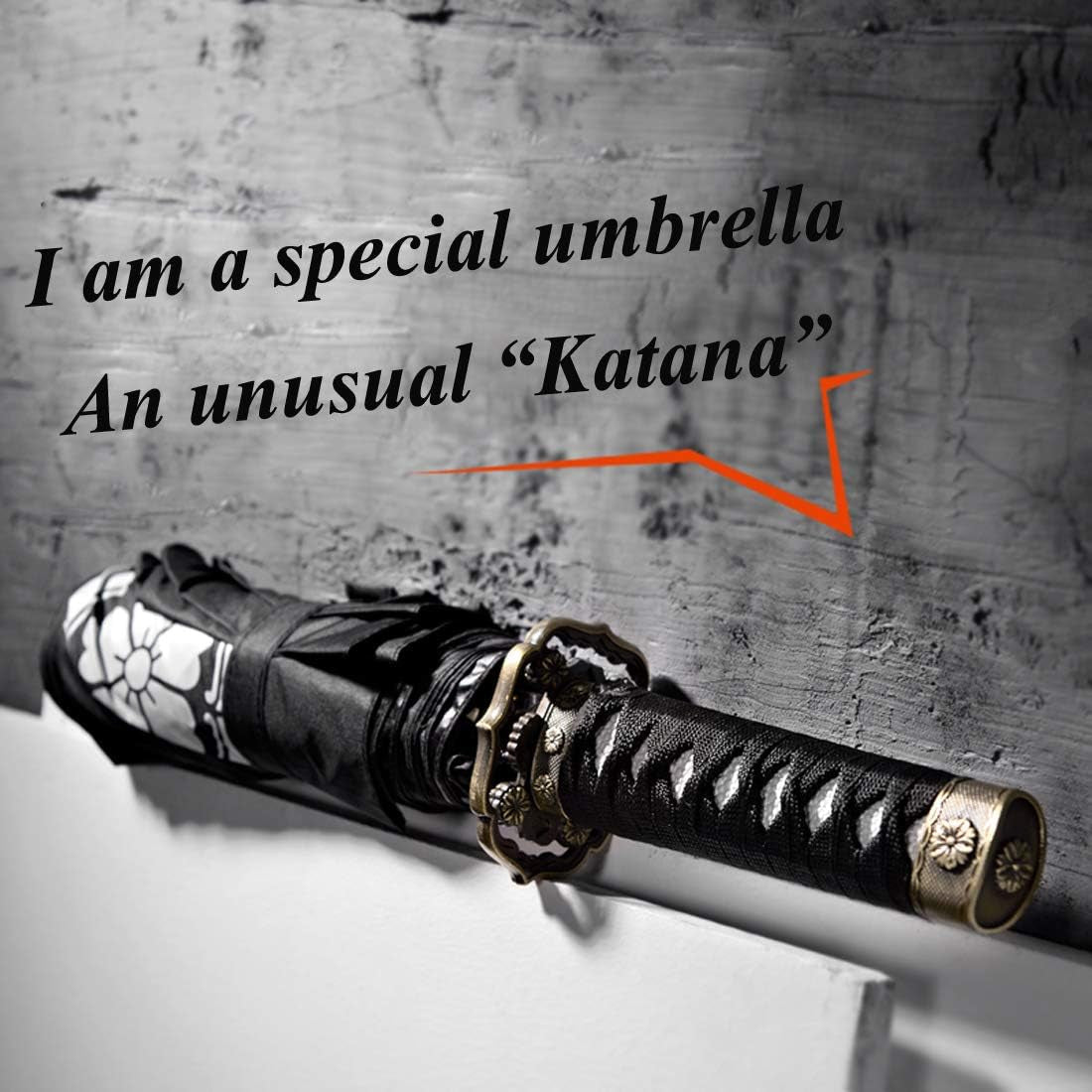 Samurai Katana Master Sword Hilt Handle Folding Umbrella Anime Portable Travel Japanese Ninja Compact Umbrellas Windproof, Black Glue anti UV, Business Birthday Gift for Men - WORLD TIME VISITS
