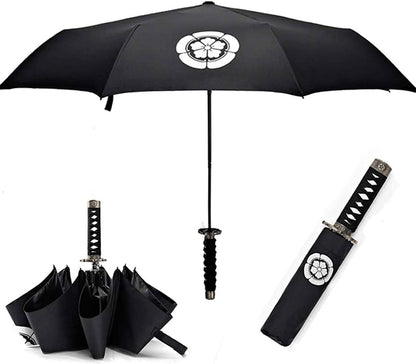 Samurai Katana Master Sword Hilt Handle Folding Umbrella Anime Portable Travel Japanese Ninja Compact Umbrellas Windproof, Black Glue anti UV, Business Birthday Gift for Men - WORLD TIME VISITS