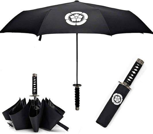 Samurai Katana Master Sword Hilt Handle Folding Umbrella Anime Portable Travel Japanese Ninja Compact Umbrellas Windproof, Black Glue anti UV, Business Birthday Gift for Men - WORLD TIME VISITS