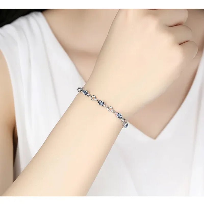 Sapphire Plated S925 Sterling Silver Bracelet Crystal Birthday Present - WORLD TIME VISITS