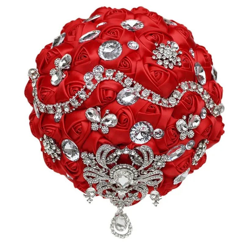 Shiny Luxury Rhinestone Brooch Pendant Wedding Bouquet 21CM Silk Rose Flower Diamond Bridal Bouquet Handmade Bridesmaid Holding Flowers - WORLD TIME VISITS