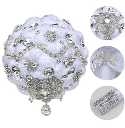 Shiny Luxury Rhinestone Brooch Pendant Wedding Bouquet 21CM Silk Rose Flower Diamond Bridal Bouquet Handmade Bridesmaid Holding Flowers