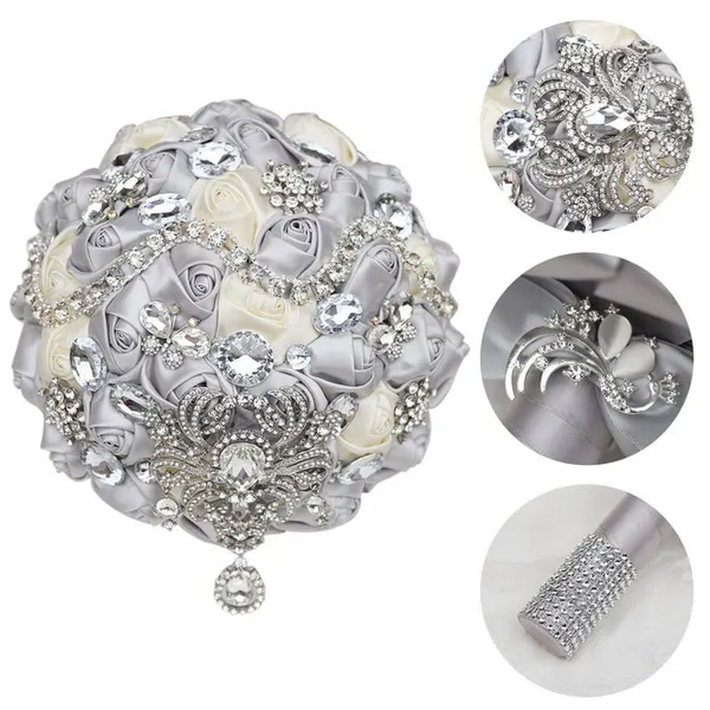 Shiny Luxury Rhinestone Brooch Pendant Wedding Bouquet 21CM Silk Rose Flower Diamond Bridal Bouquet Handmade Bridesmaid Holding Flowers - WORLD TIME VISITS