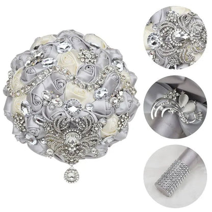 Shiny Luxury Rhinestone Brooch Pendant Wedding Bouquet 21CM Silk Rose Flower Diamond Bridal Bouquet Handmade Bridesmaid Holding Flowers - WORLD TIME VISITS