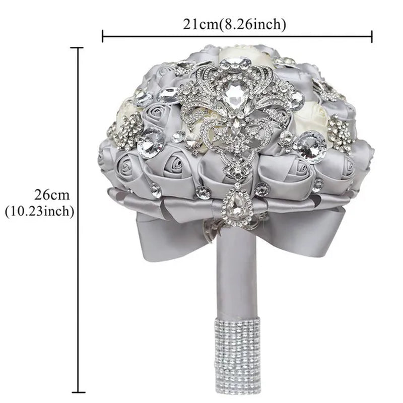 Shiny Luxury Rhinestone Brooch Pendant Wedding Bouquet 21CM Silk Rose Flower Diamond Bridal Bouquet Handmade Bridesmaid Holding Flowers - WORLD TIME VISITS