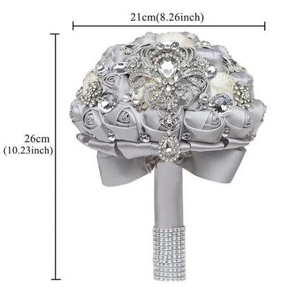 Shiny Luxury Rhinestone Brooch Pendant Wedding Bouquet 21CM Silk Rose Flower Diamond Bridal Bouquet Handmade Bridesmaid Holding Flowers - WORLD TIME VISITS