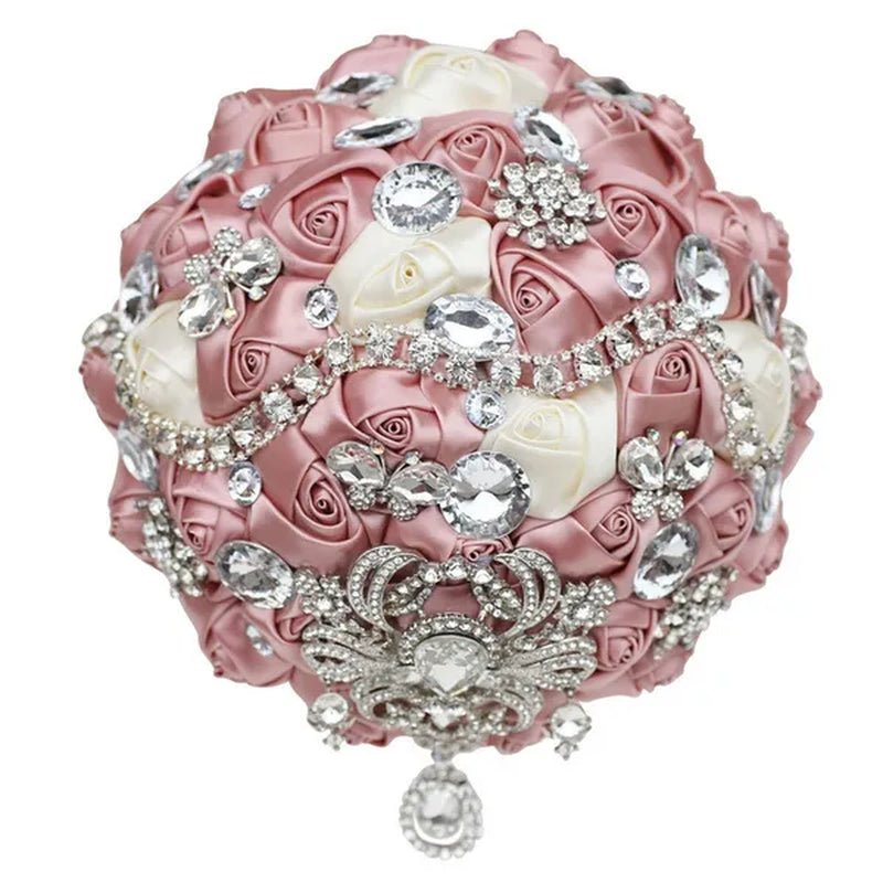 Shiny Luxury Rhinestone Brooch Pendant Wedding Bouquet 21CM Silk Rose Flower Diamond Bridal Bouquet Handmade Bridesmaid Holding Flowers
