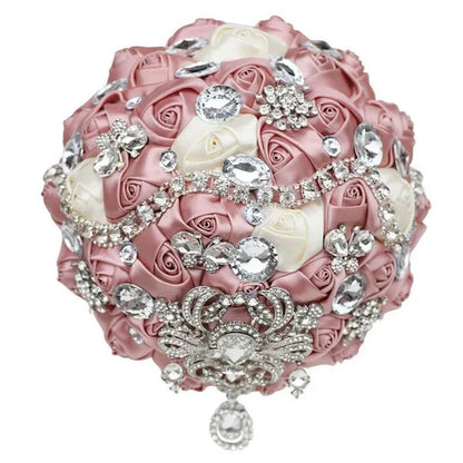 Shiny Luxury Rhinestone Brooch Pendant Wedding Bouquet 21CM Silk Rose Flower Diamond Bridal Bouquet Handmade Bridesmaid Holding Flowers