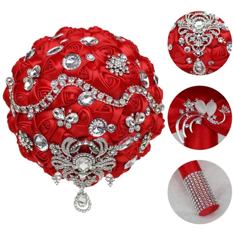 Shiny Luxury Rhinestone Brooch Pendant Wedding Bouquet 21CM Silk Rose Flower Diamond Bridal Bouquet Handmade Bridesmaid Holding Flowers - WORLD TIME VISITS