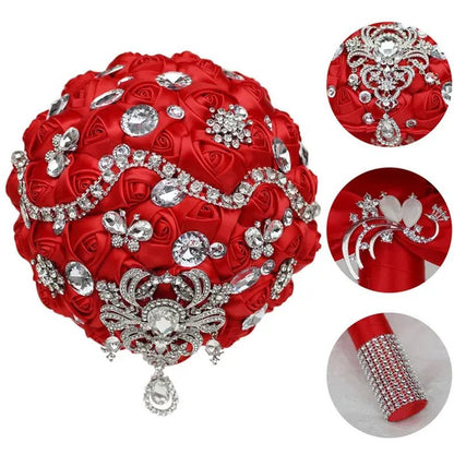 Shiny Luxury Rhinestone Brooch Pendant Wedding Bouquet 21CM Silk Rose Flower Diamond Bridal Bouquet Handmade Bridesmaid Holding Flowers - WORLD TIME VISITS