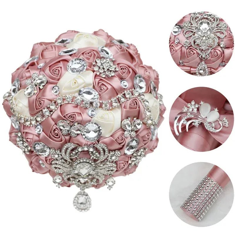 Shiny Luxury Rhinestone Brooch Pendant Wedding Bouquet 21CM Silk Rose Flower Diamond Bridal Bouquet Handmade Bridesmaid Holding Flowers