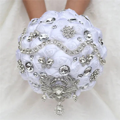 Shiny Luxury Rhinestone Brooch Pendant Wedding Bouquet 21CM Silk Rose Flower Diamond Bridal Bouquet Handmade Bridesmaid Holding Flowers