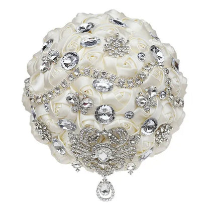 Shiny Luxury Rhinestone Brooch Pendant Wedding Bouquet 21CM Silk Rose Flower Diamond Bridal Bouquet Handmade Bridesmaid Holding Flowers