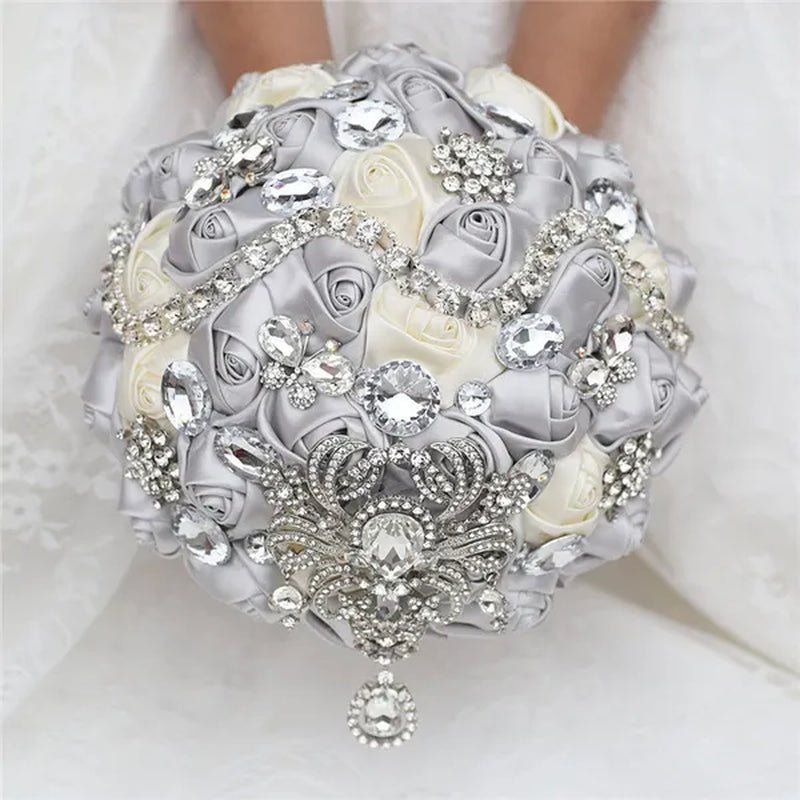Shiny Luxury Rhinestone Brooch Pendant Wedding Bouquet 21CM Silk Rose Flower Diamond Bridal Bouquet Handmade Bridesmaid Holding Flowers - WORLD TIME VISITS