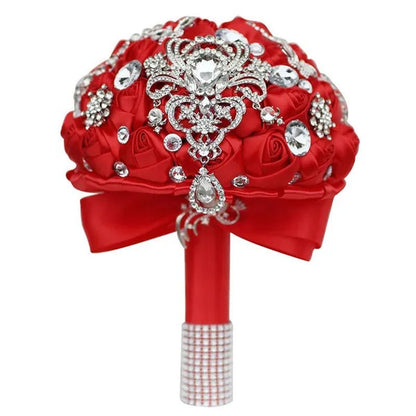 Shiny Luxury Rhinestone Brooch Pendant Wedding Bouquet 21CM Silk Rose Flower Diamond Bridal Bouquet Handmade Bridesmaid Holding Flowers