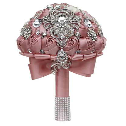 Shiny Luxury Rhinestone Brooch Pendant Wedding Bouquet 21CM Silk Rose Flower Diamond Bridal Bouquet Handmade Bridesmaid Holding Flowers