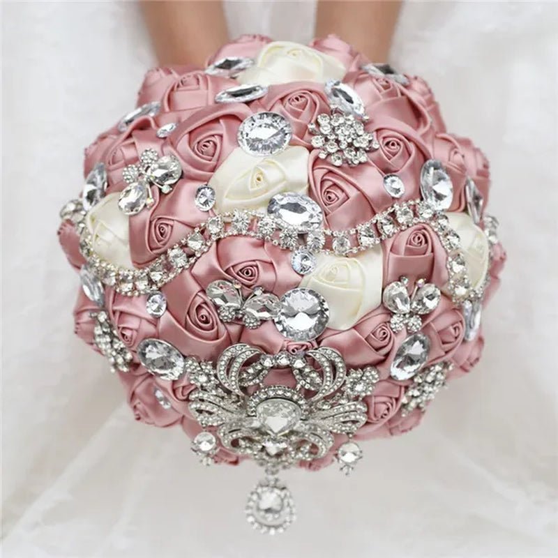 Shiny Luxury Rhinestone Brooch Pendant Wedding Bouquet 21CM Silk Rose Flower Diamond Bridal Bouquet Handmade Bridesmaid Holding Flowers