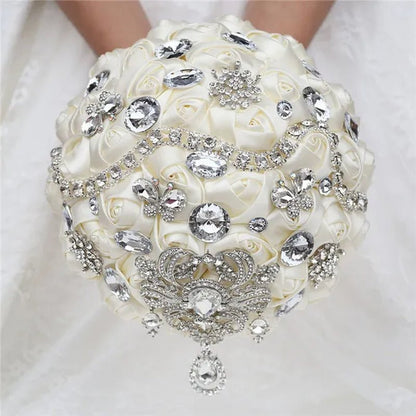 Shiny Luxury Rhinestone Brooch Pendant Wedding Bouquet 21CM Silk Rose Flower Diamond Bridal Bouquet Handmade Bridesmaid Holding Flowers