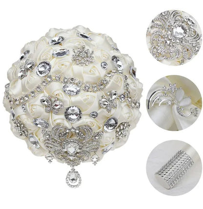Shiny Luxury Rhinestone Brooch Pendant Wedding Bouquet 21CM Silk Rose Flower Diamond Bridal Bouquet Handmade Bridesmaid Holding Flowers