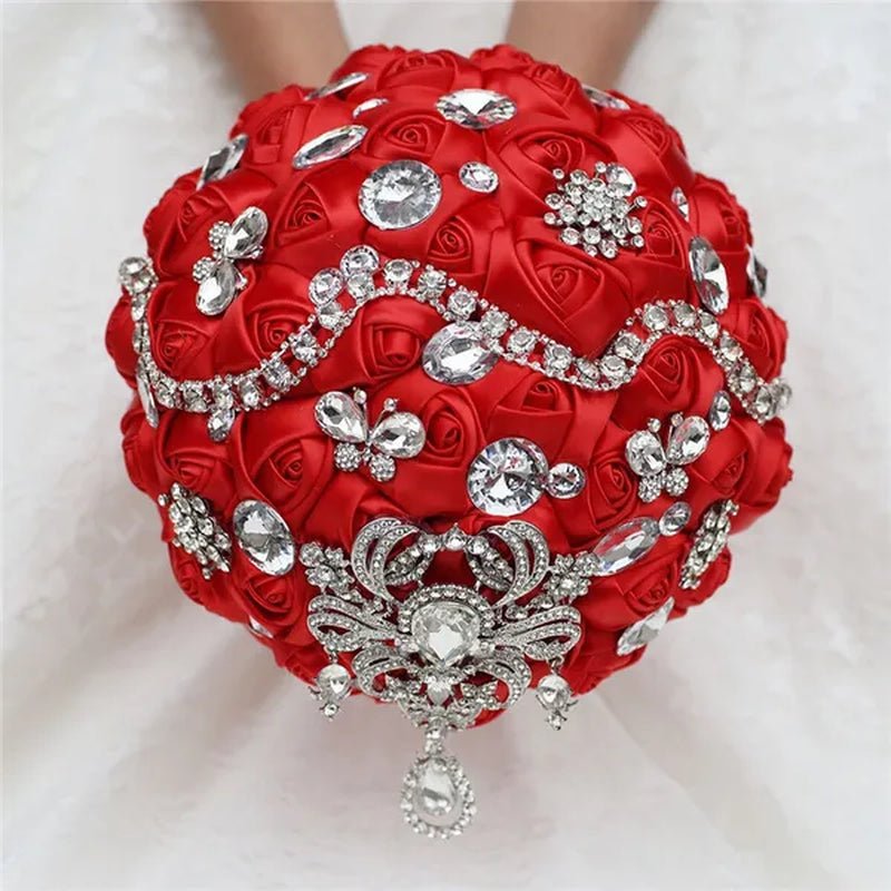 Shiny Luxury Rhinestone Brooch Pendant Wedding Bouquet 21CM Silk Rose Flower Diamond Bridal Bouquet Handmade Bridesmaid Holding Flowers