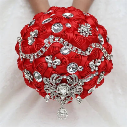 Shiny Luxury Rhinestone Brooch Pendant Wedding Bouquet 21CM Silk Rose Flower Diamond Bridal Bouquet Handmade Bridesmaid Holding Flowers