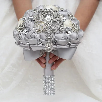 Shiny Luxury Rhinestone Brooch Pendant Wedding Bouquet 21CM Silk Rose Flower Diamond Bridal Bouquet Handmade Bridesmaid Holding Flowers