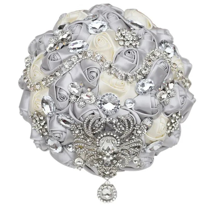Shiny Luxury Rhinestone Brooch Pendant Wedding Bouquet 21CM Silk Rose Flower Diamond Bridal Bouquet Handmade Bridesmaid Holding Flowers