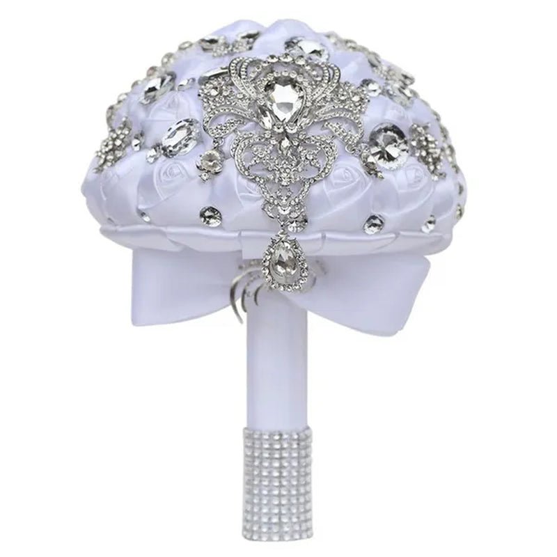 Shiny Luxury Rhinestone Brooch Pendant Wedding Bouquet 21CM Silk Rose Flower Diamond Bridal Bouquet Handmade Bridesmaid Holding Flowers